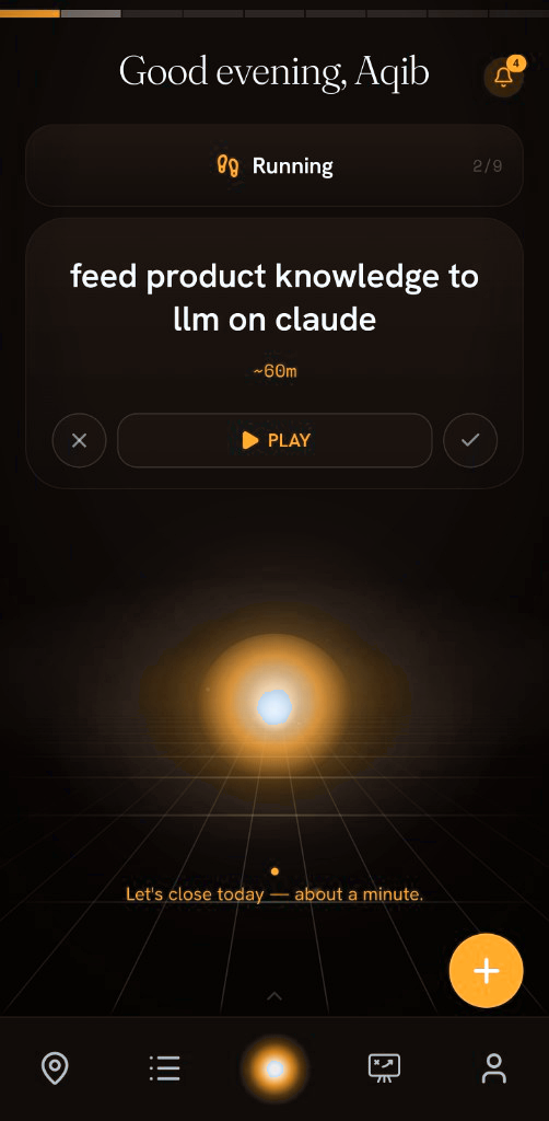 Playlight home: one current focus, a play control, and the light on the floor.
